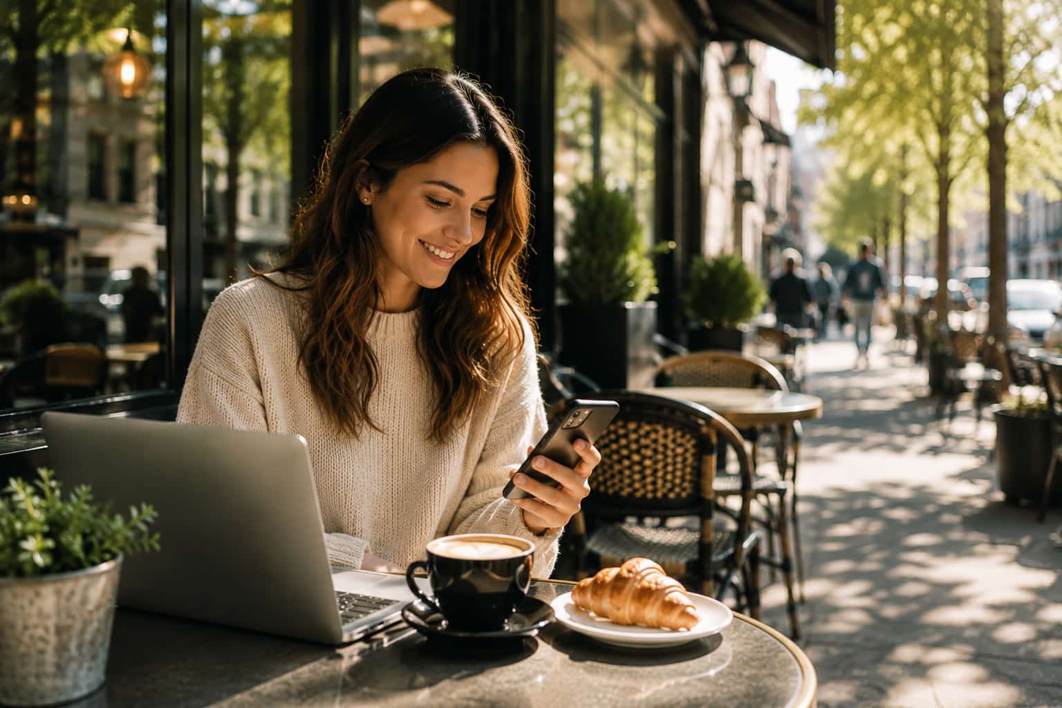 Woman checking her phone at a cafe